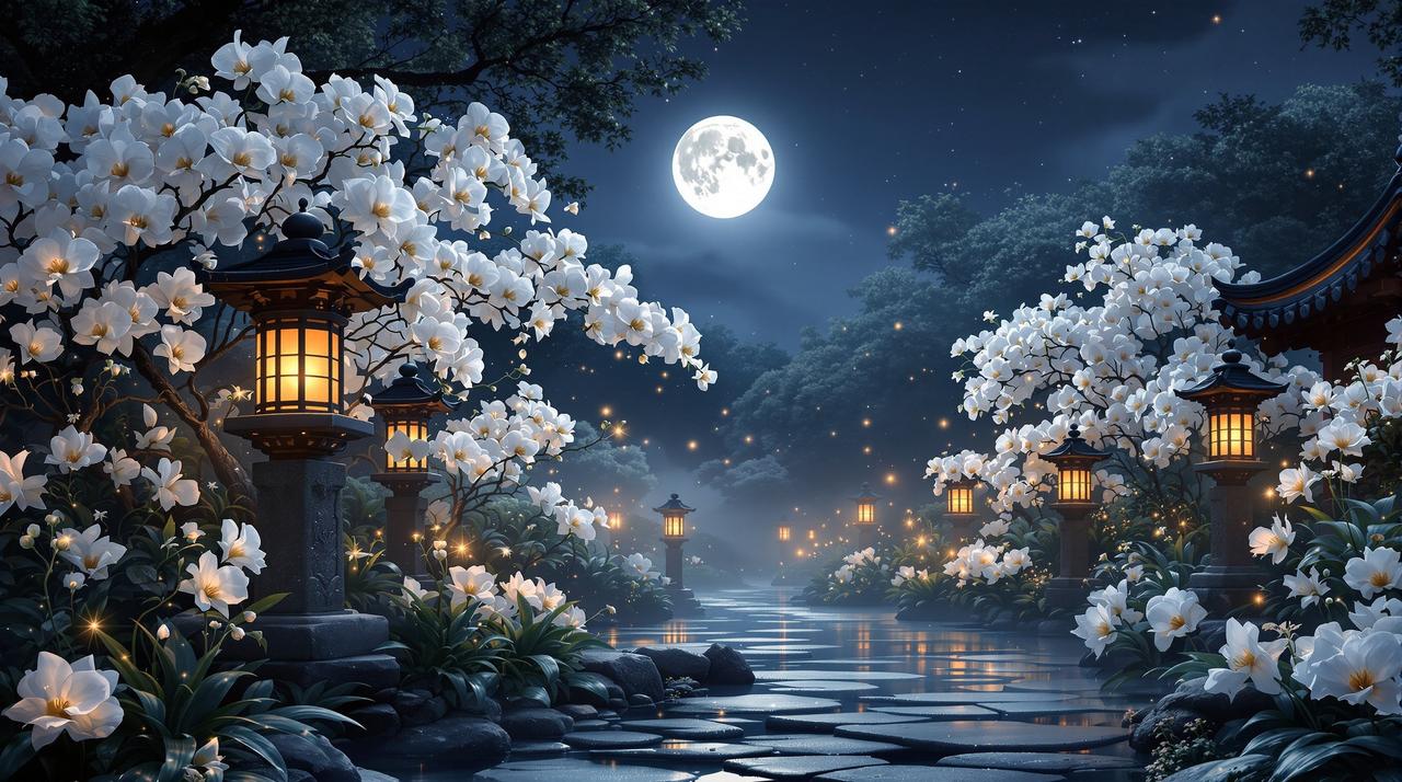 第一动漫 - 月光下的兰花庭院,静谧优雅的氛围